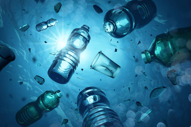 Problem plastic bottles and microplastics floating in the open ocean. Marine plastic pollution concept. 3D illustration
